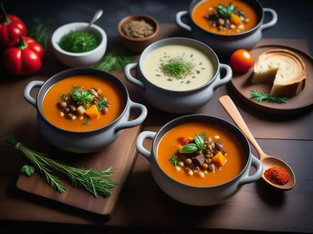 Recetas veganas de sopas y guisos de invierno en mesa rústica con colores vibrantes y aromas reconfortantes