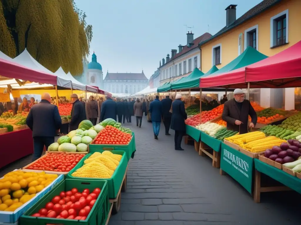 Recetas veganas del Este Europa: Una vibrante feria en Europa del Este con frutas y verduras orgánicas