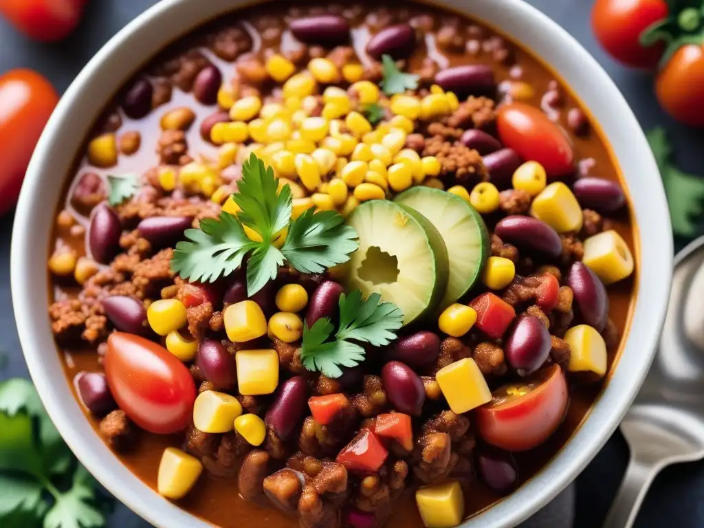 Un reconfortante bol de chili con carne vegano, repleto de ingredientes frescos y coloridos