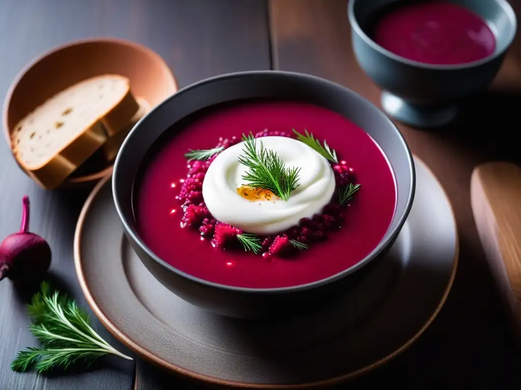 Un reconfortante borscht vegano en un bol de cerámica, con crema agria de anacardos y hierbas frescas