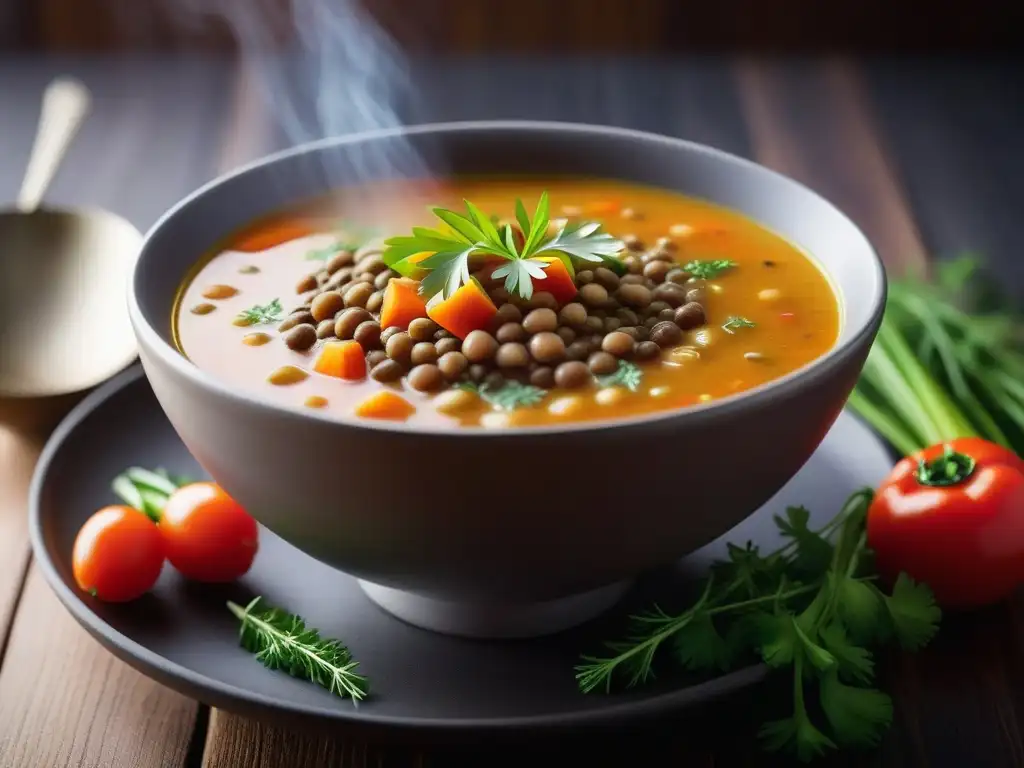 Una reconfortante sopa vegana de lentejas, con hierbas frescas y verduras, servida en cuenco de cerámica sobre mesa de madera