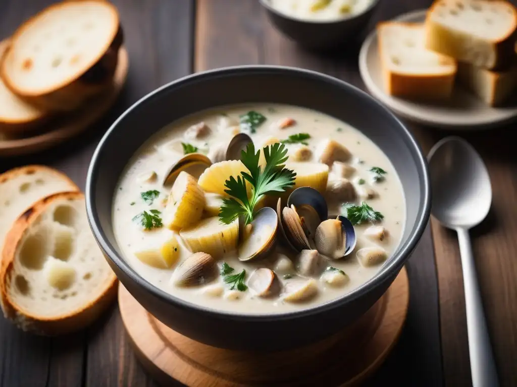 Una reconfortante sopa vegana del mar con 'almejas' de origen vegetal, papas y perejil en una mesa rústica