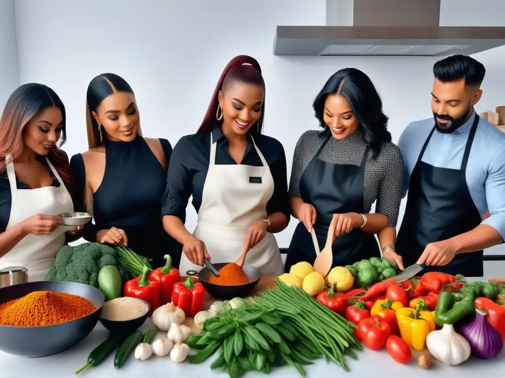 Recursos interactivos cocina vegana global: Personas diversas cocinando juntas en armonía con ingredientes coloridos y utensilios variados