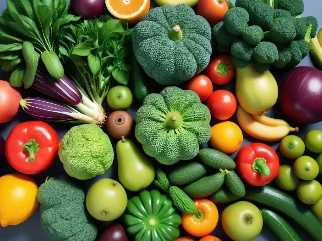 Una red social vibrante promoviendo veganismo con frutas, verduras y recetas veganas