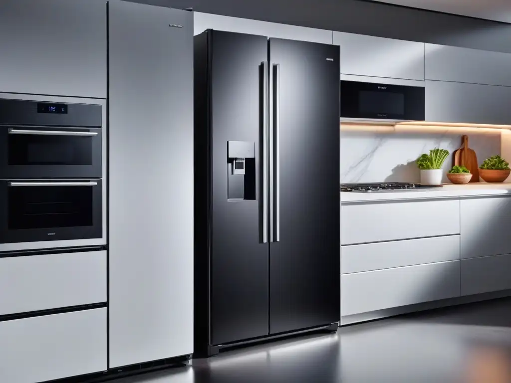 Refrigerador moderno y ecoeficiente en cocina vegana Un refrigerador de alta tecnología en una cocina vegana moderna, destacando su consumo eficiente