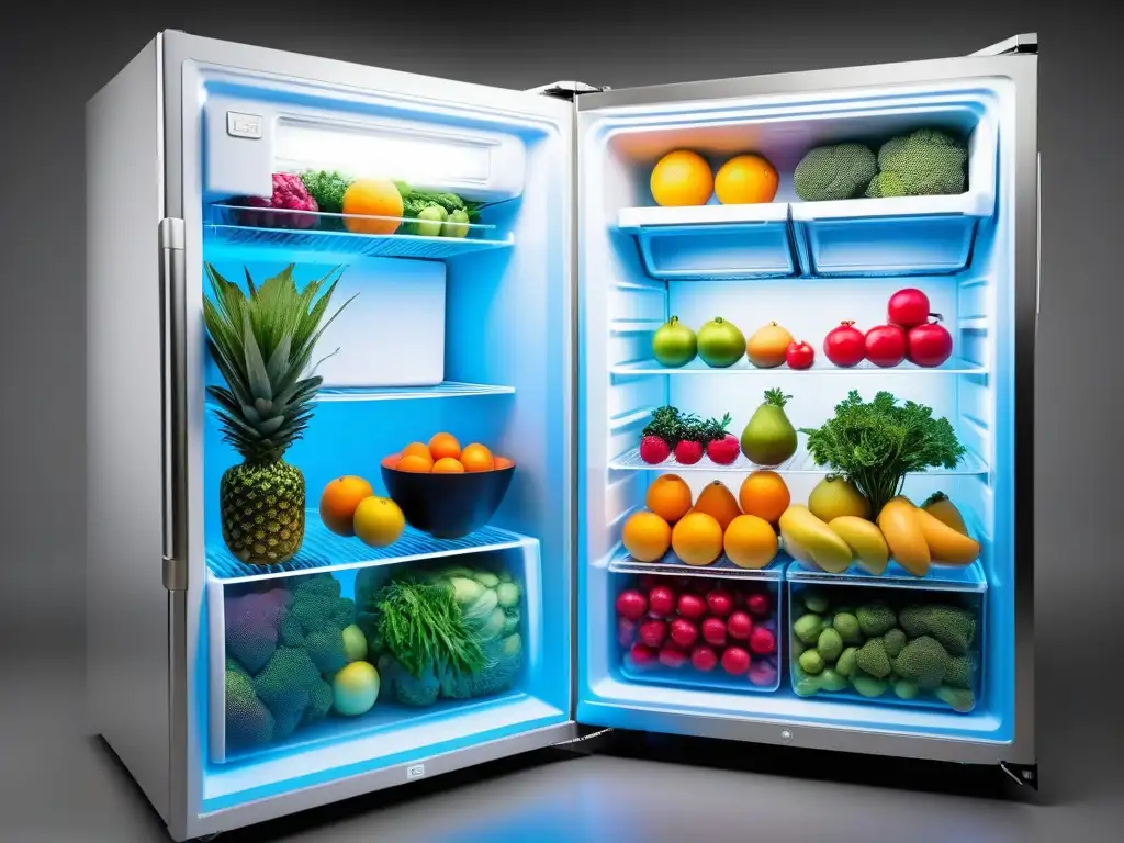 Un refrigerador organizado y lleno de alimentos frescos y coloridos, listos para usar en recetas veganas