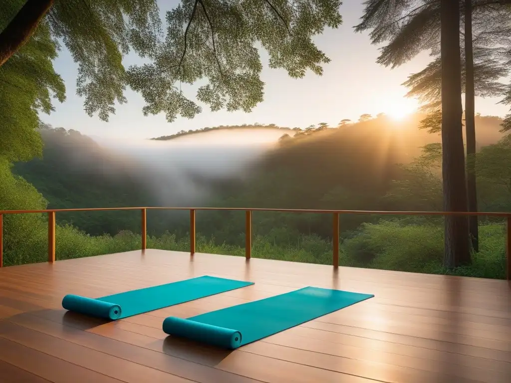 Un refugio de retiros veganos de yoga en un bosque verde, donde la diversidad se une en armonía al atardecer