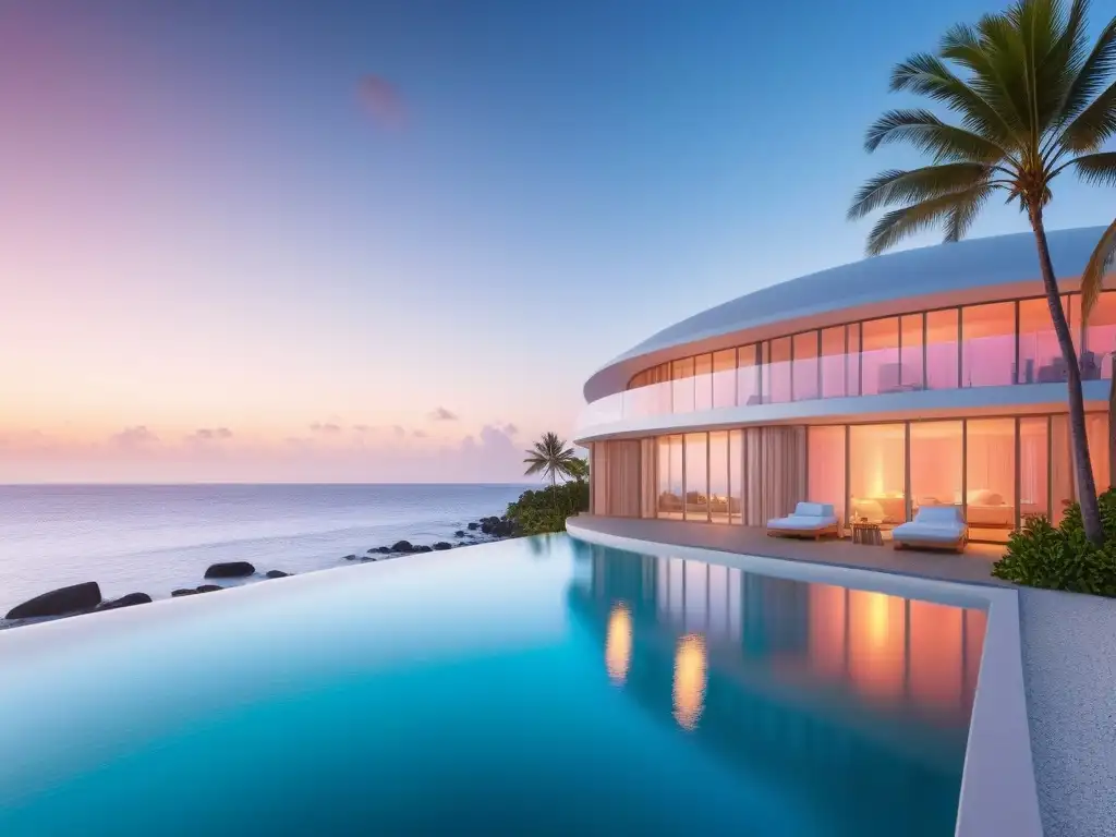 Un refugio vegano frente al mar: hotel moderno con vista al océano, ventanales y palmeras bajo un atardecer tranquilo