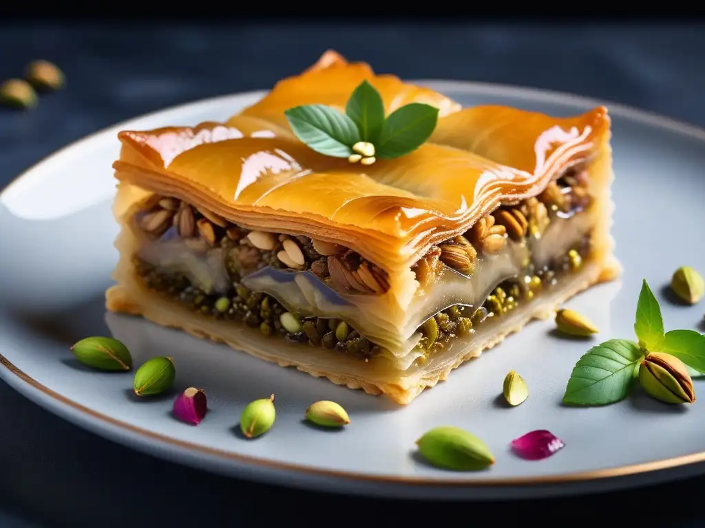 Repostería vegana en Medio Oriente: Detalle de baklava con phyllo, nueces y sirope de rosas, decorado con pistachos y pétalos de rosa