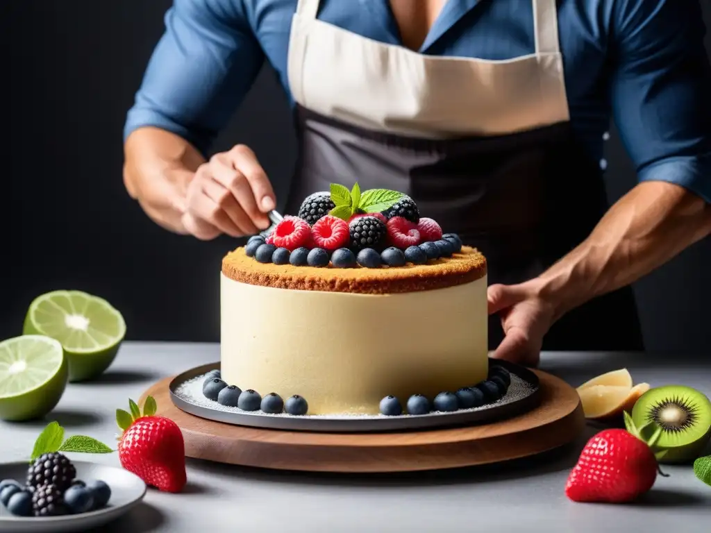 Un repostero vegano crea con destreza un pastel multicapa rodeado de ingredientes frescos y coloridos