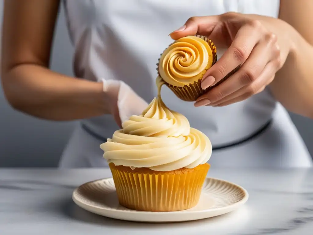 Un repostero vegano experto crea diseños intrincados con ingredientes veganos repostería química en una cupcake dorada