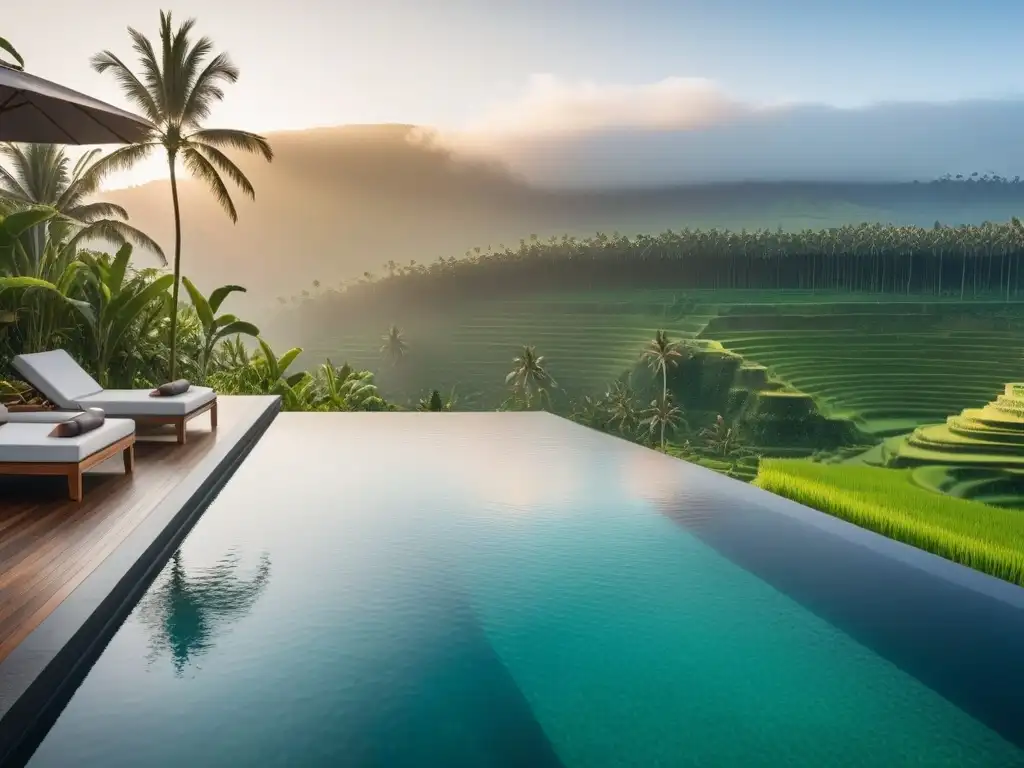 Resort vegano en Bali: piscina infinita con vistas a terrazas de arroz y atardecer, paraíso de paz y lujo