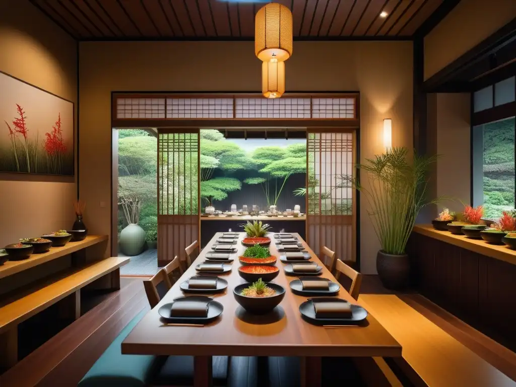 Un restaurante japonés tradicional con toque moderno, decoración minimalista y mesa llena de platillos veganos japoneses