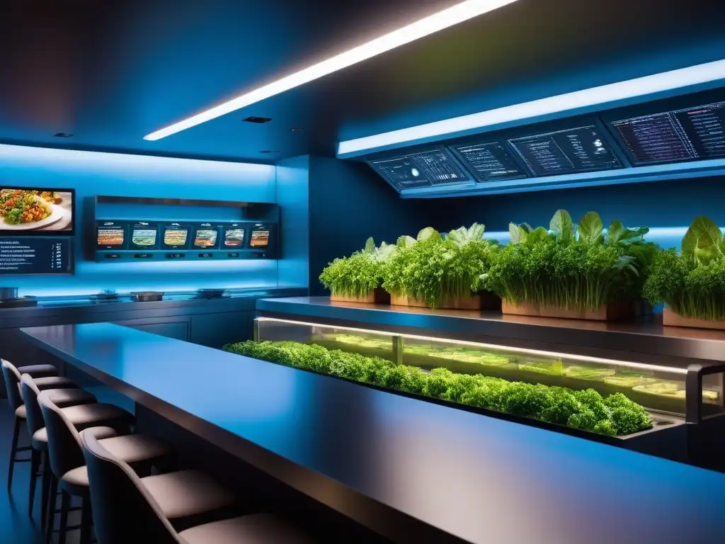 Un restaurante vegano futurista con tecnología innovadora en negocios veganos