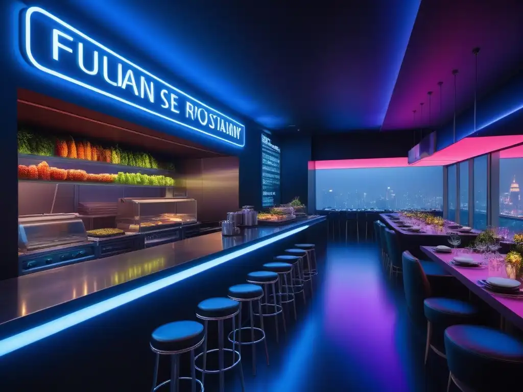 Un restaurante vegano innovador y sostenible en una ciudad futurista iluminada por luces de neón