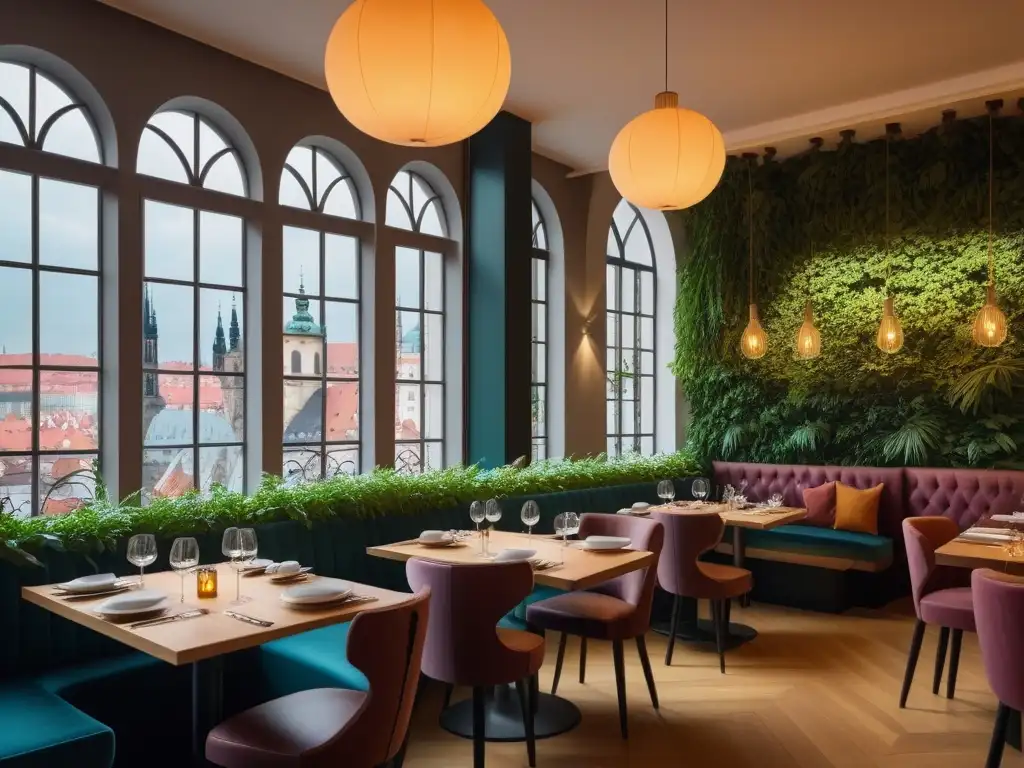 Un restaurante vegano en Praga con platos coloridos en vajilla minimalista, decoración moderna y vista al Puente de Carlos