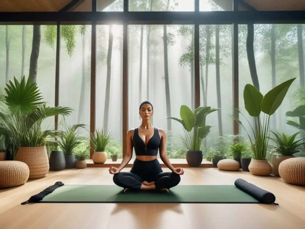 Retiro espiritual vegano en un bosque, sala de meditación moderna con ventanales, tonos terrosos y plantas en un ambiente armonioso