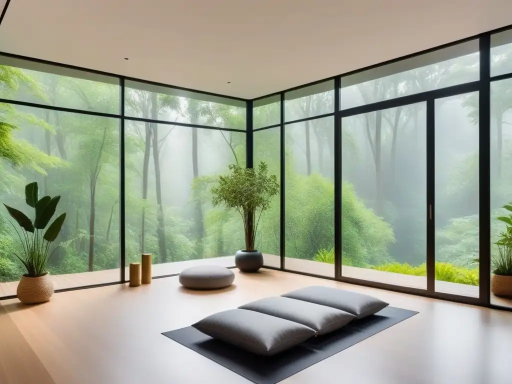 Habitación de meditación en retiro espiritual vegano conecta interior con diseño minimalista y tonos terrosos