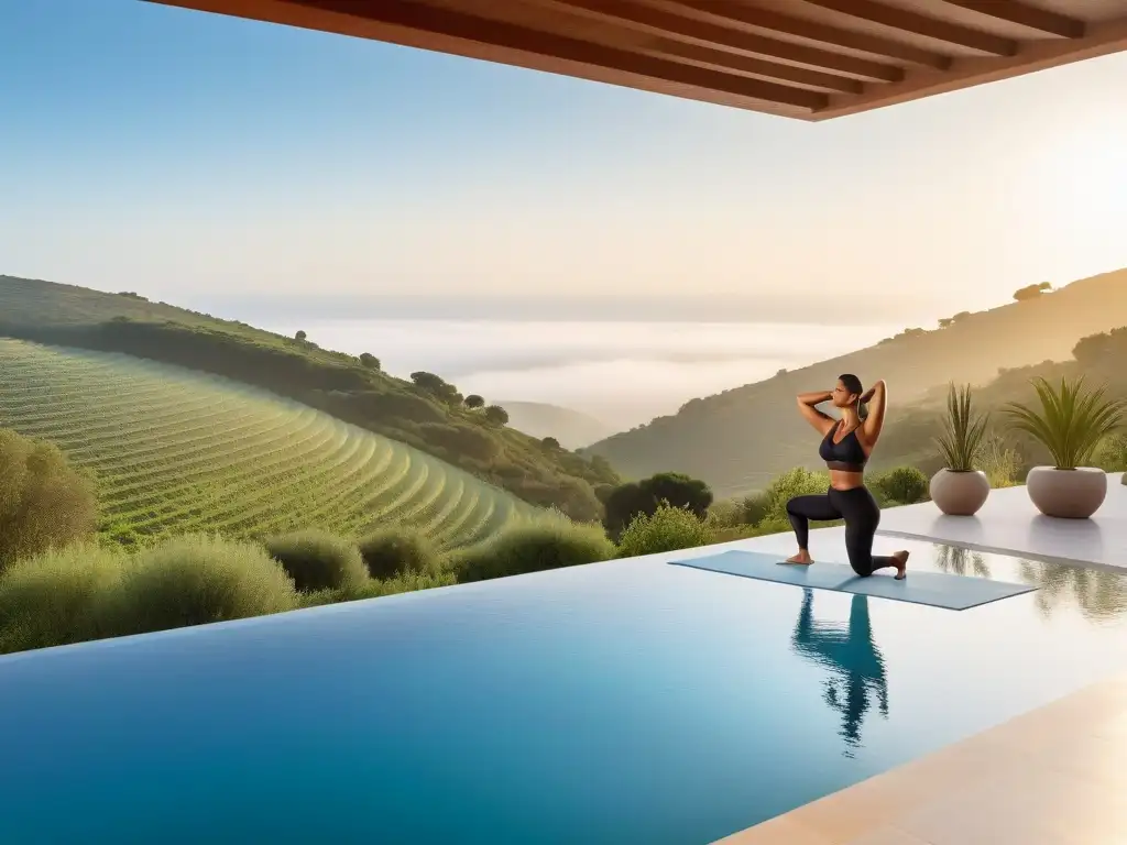 Retiro de lujo en España: villa elegante, yoga al atardecer, naturaleza exuberante y comida vegana