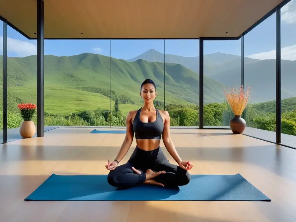 Retiro de yoga de lujo en un valle verde rodeado de montañas, con yoguis en poses serenas