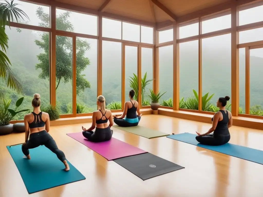 Retiro de yoga vegano en un centro ecoamigable rodeado de naturaleza, con práctica de yoga al atardecer