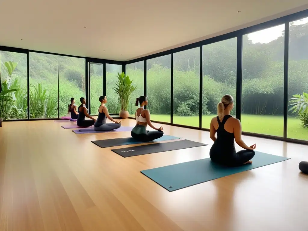 Un retiro de yoga vegano en un centro moderno y sereno en medio de un bosque verde, con una studio amplio y luminoso