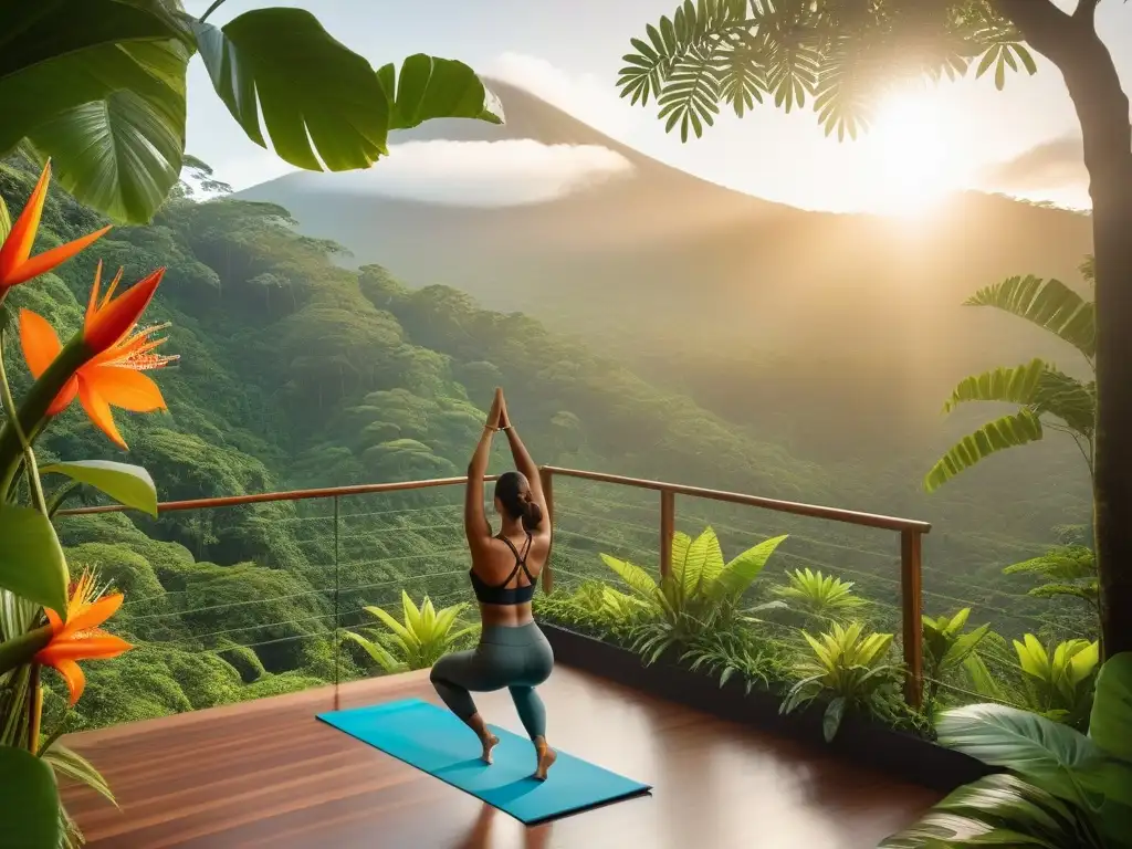 Retiro vegano en Costa Rica: Plataforma de yoga en la selva tropical, con diversidad de personas practicando en un ambiente sereno al atardecer