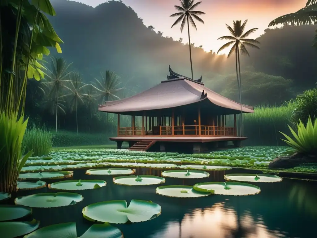 Retiro vegano en Bali experiencia: Una escena serena con vegetación exuberante, yoga, bungalows de bambú y meditación en la naturaleza al atardecer