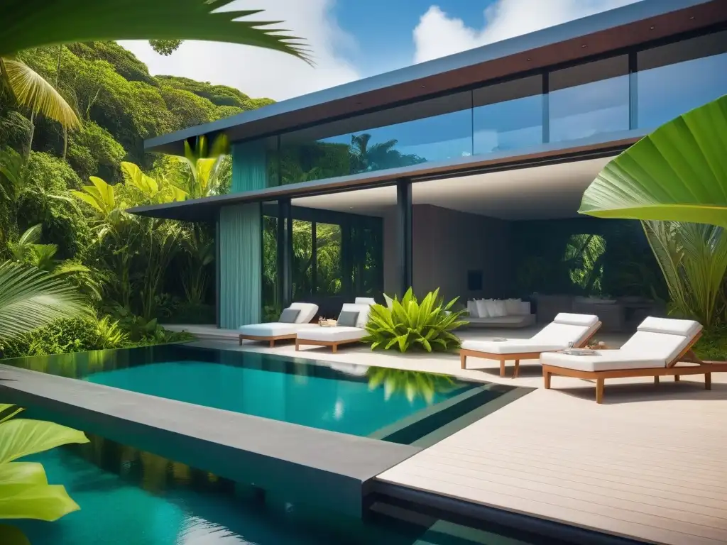 Retiro vegano de lujo en entorno tropical con arquitectura moderna, piscina infinita y mobiliario eco, tendencia en retiros veganos de lujo