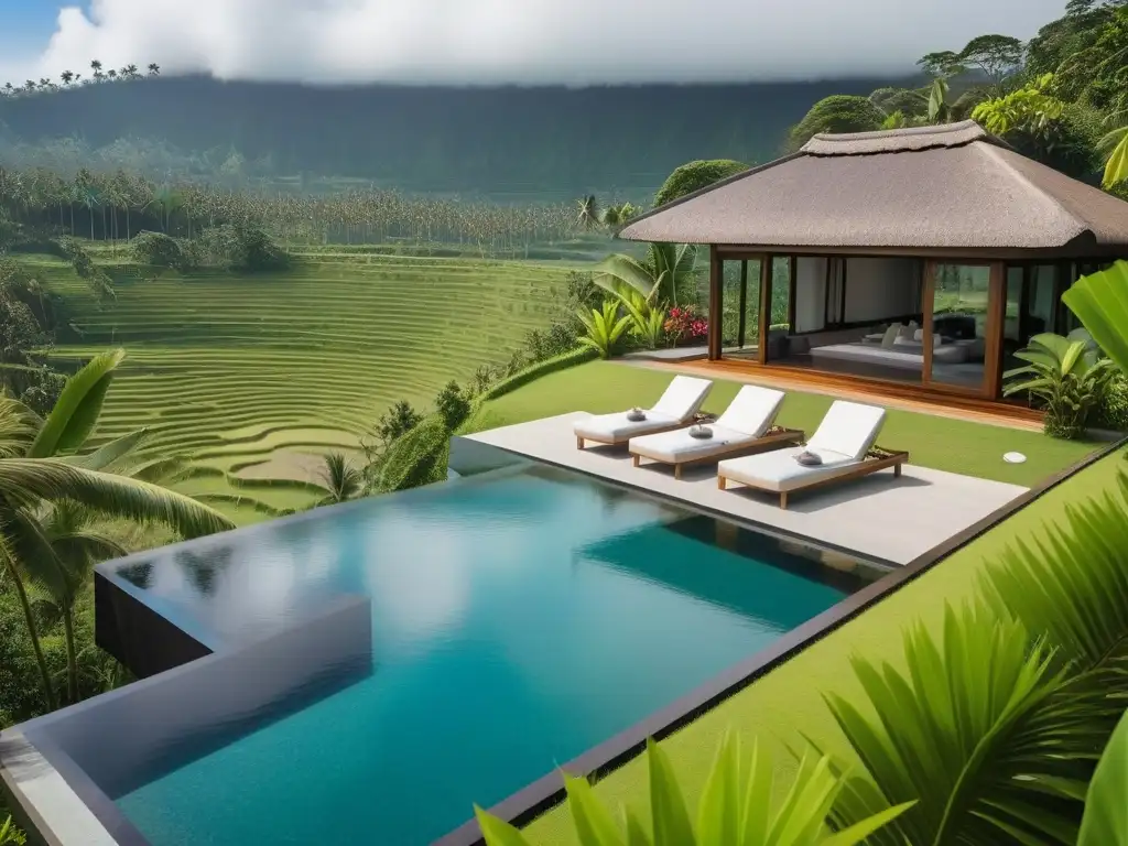 Retiro vegano de lujo en Bali: Villa moderna entre terrazas de arroz, piscina infinita y exuberante paisaje tropical