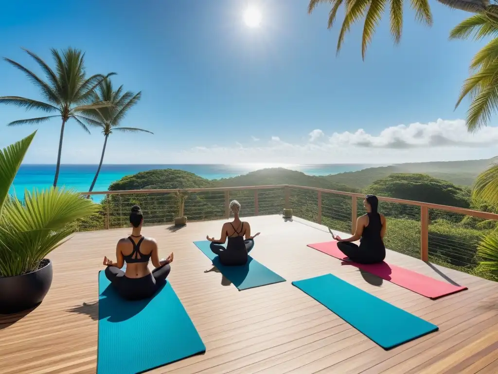 Retiro vegano de lujo Caribe: Deck de yoga moderno frente al mar turquesa, rodeado de palmeras verdes y personas practicando yoga