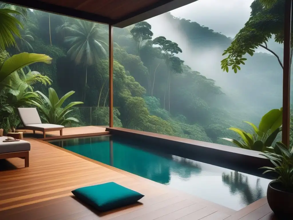 Retiro vegano de lujo mundial: spa en la jungla con piscina infinita, yoga en deck de madera rodeado de naturaleza exuberante