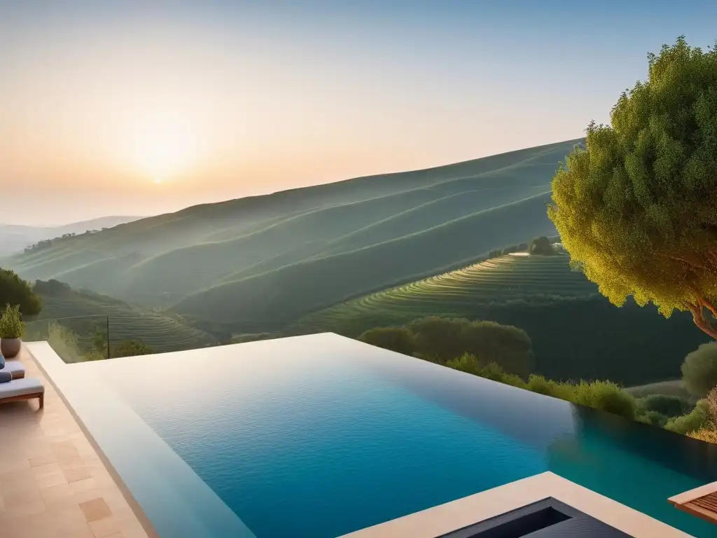 Un retiro vegano de lujo en España con piscina infinity, arquitectura moderna y huéspedes disfrutando de yoga al atardecer