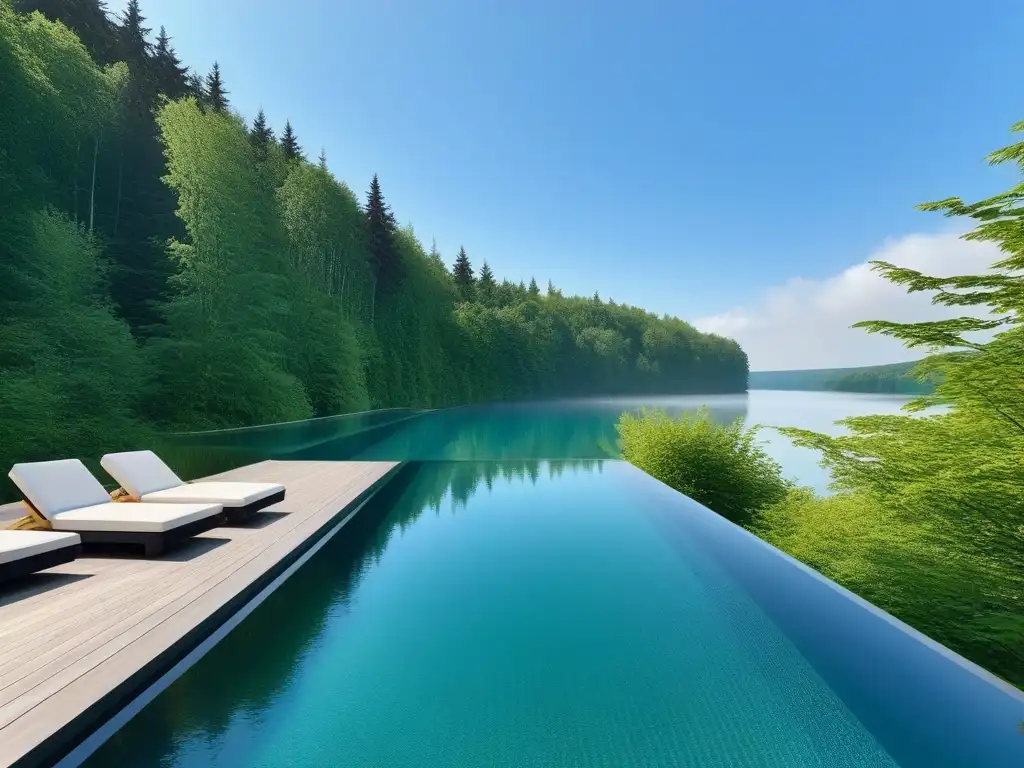 Retiro vegano de lujo en Canadá: piscina infinita con vista al lago rodeada de bosques verdes y arquitectura moderna ecofriendly