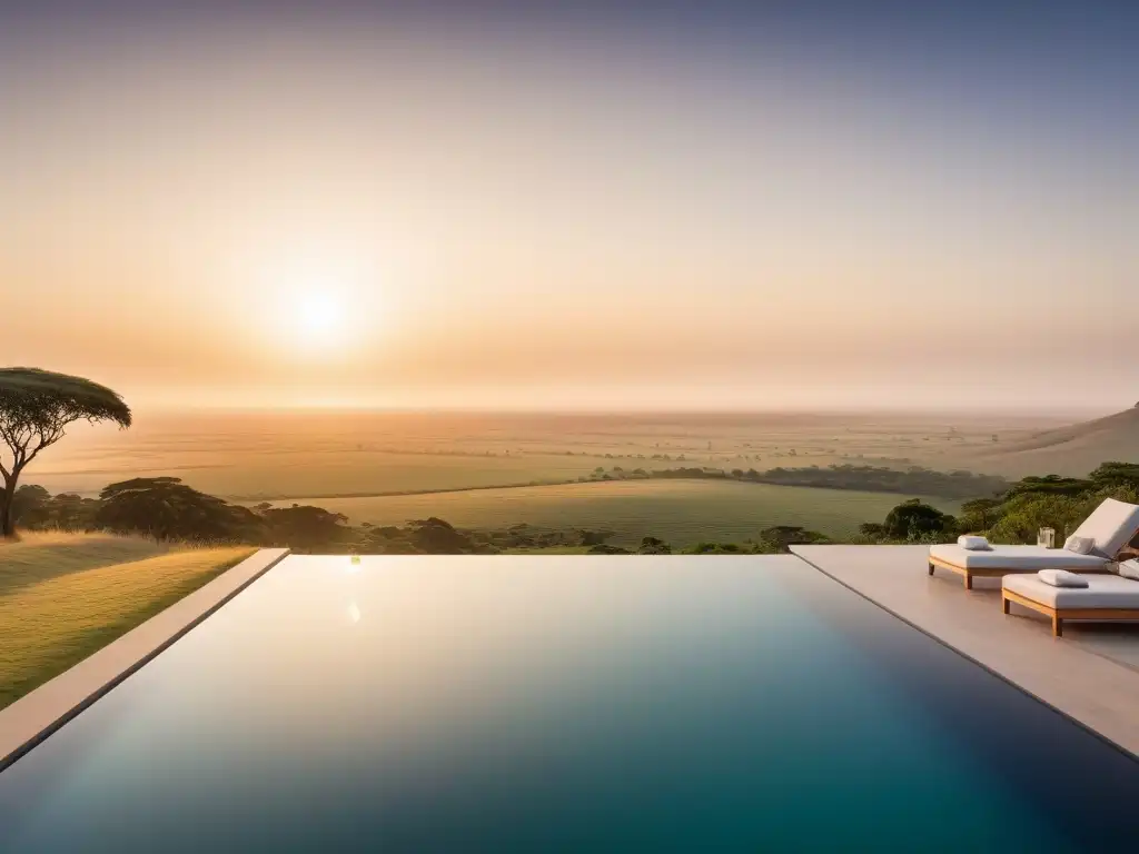 Retiro vegano de lujo en Sudáfrica: piscina infinita con vista a la sabana, arquitectura minimalista y atardecer dorado