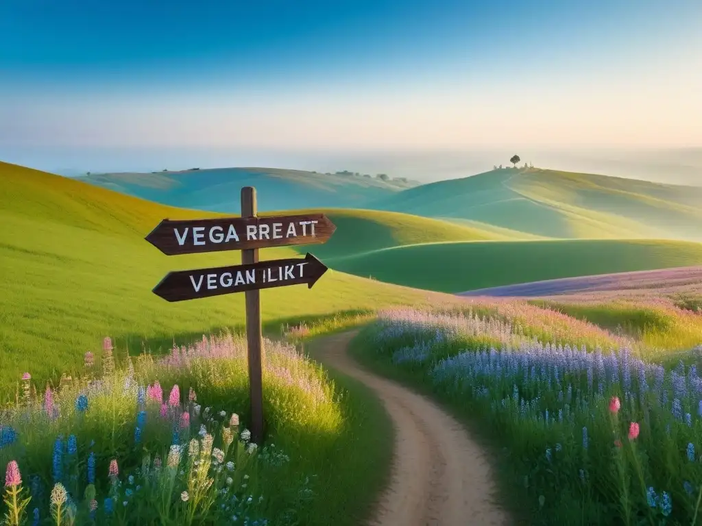 Retiro vegano en la naturaleza: paisaje rural sereno con colinas verdes, flores silvestres y un letrero de madera señalando el camino