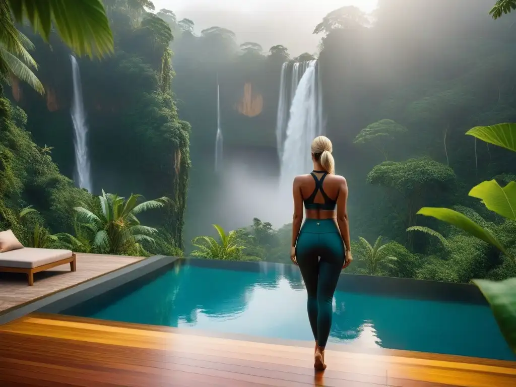 Retiros veganos de lujo tendencia: oasis ecofriendly en la selva tropical con bungalows elegantes, piscina infinita y deck de yoga sereno