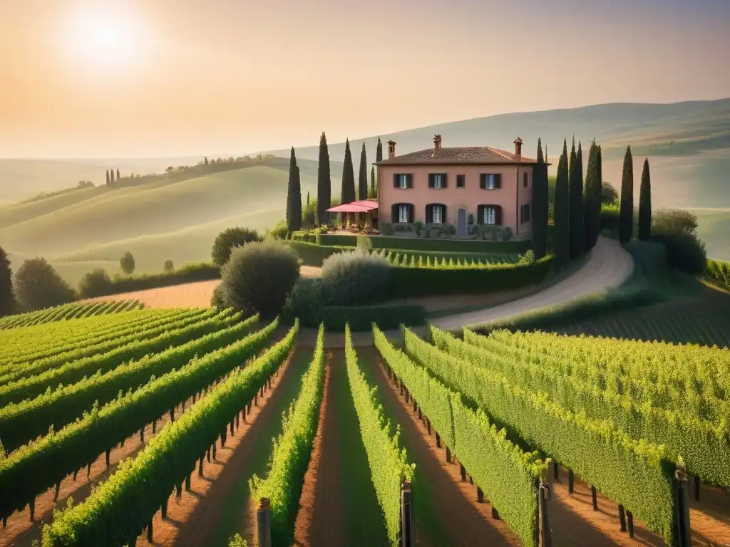 Retiros veganos en la Toscana: Una villa toscana rodeada de viñedos verdes bajo la cálida luz del atardecer