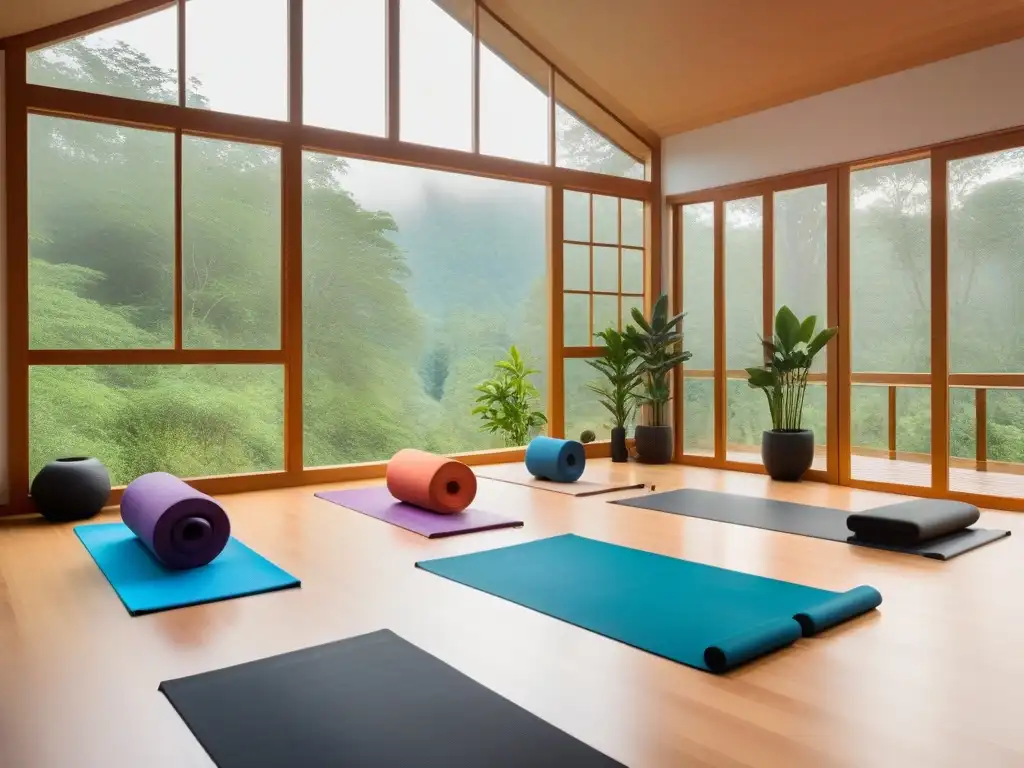 Retiros veganos de yoga en un estudio elegante con vista a un bosque verde y personas practicando posturas de yoga en armonía