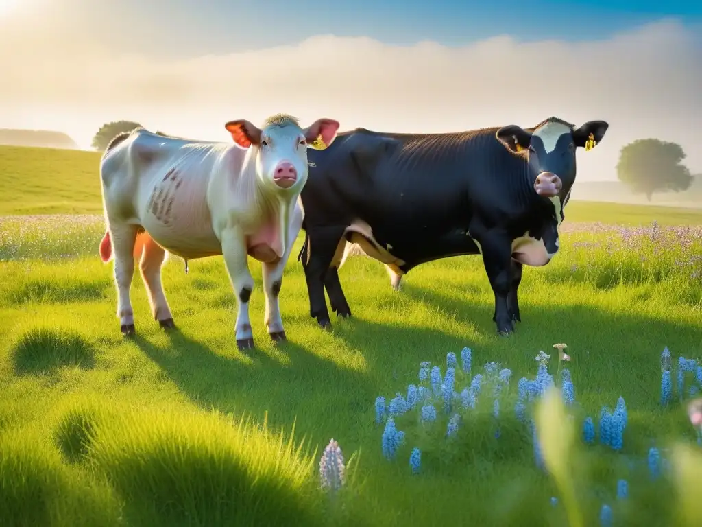 Un retrato hiperrealista de animales felices y saludables pastando juntos en un prado soleado y exuberante