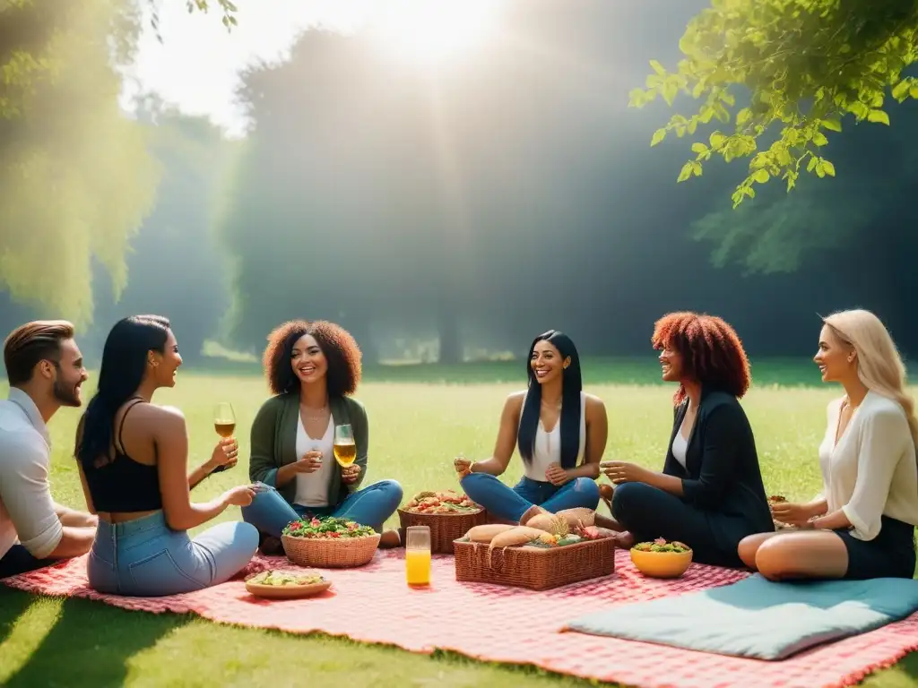 Una reunión alegre y diversa en un parque verde, disfrutando de un picnic vegano con platos coloridos, bajo la cálida luz del sol