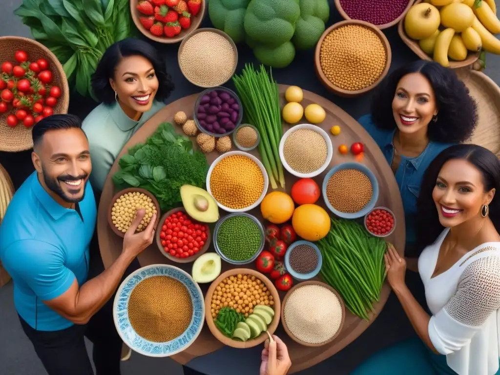 Reunión diversa en torno a mesa llena de proteínas veganas, resaltando la importancia de la dieta sostenible
