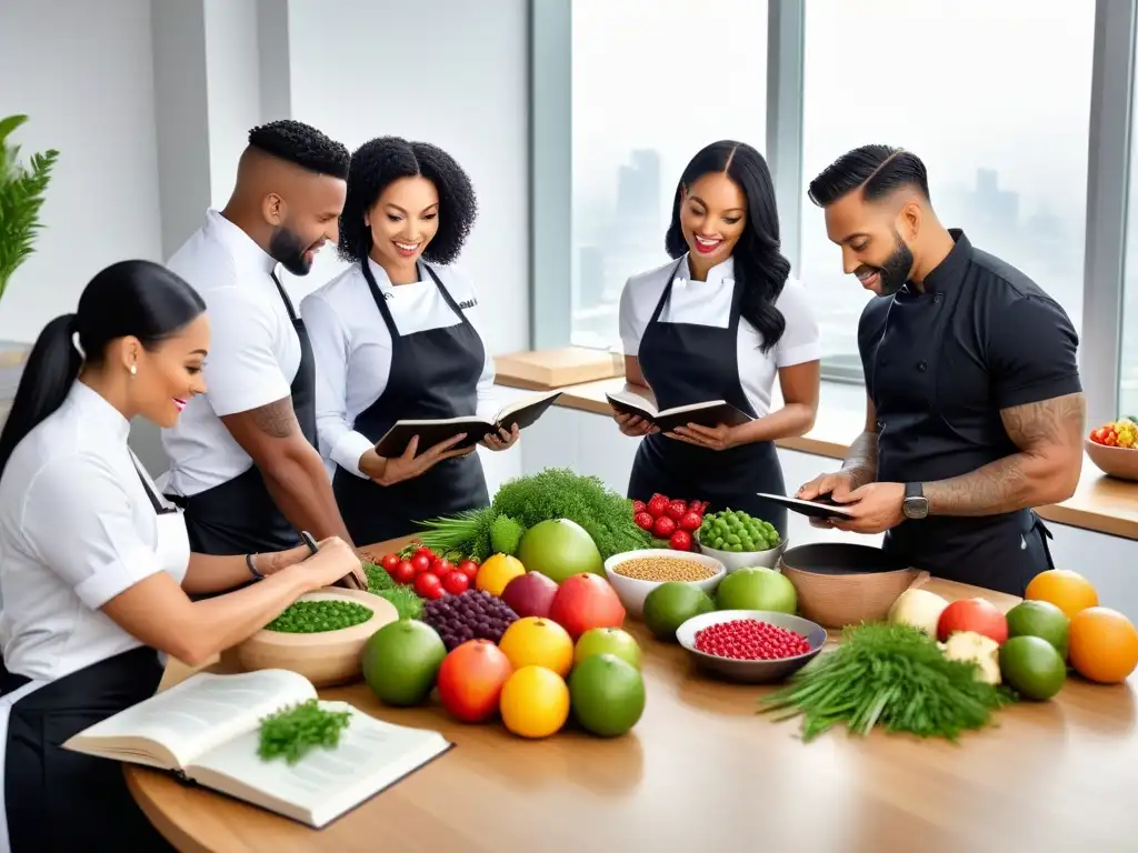 Una reunión inspiradora de chefs y nutricionistas planeando menús veganos