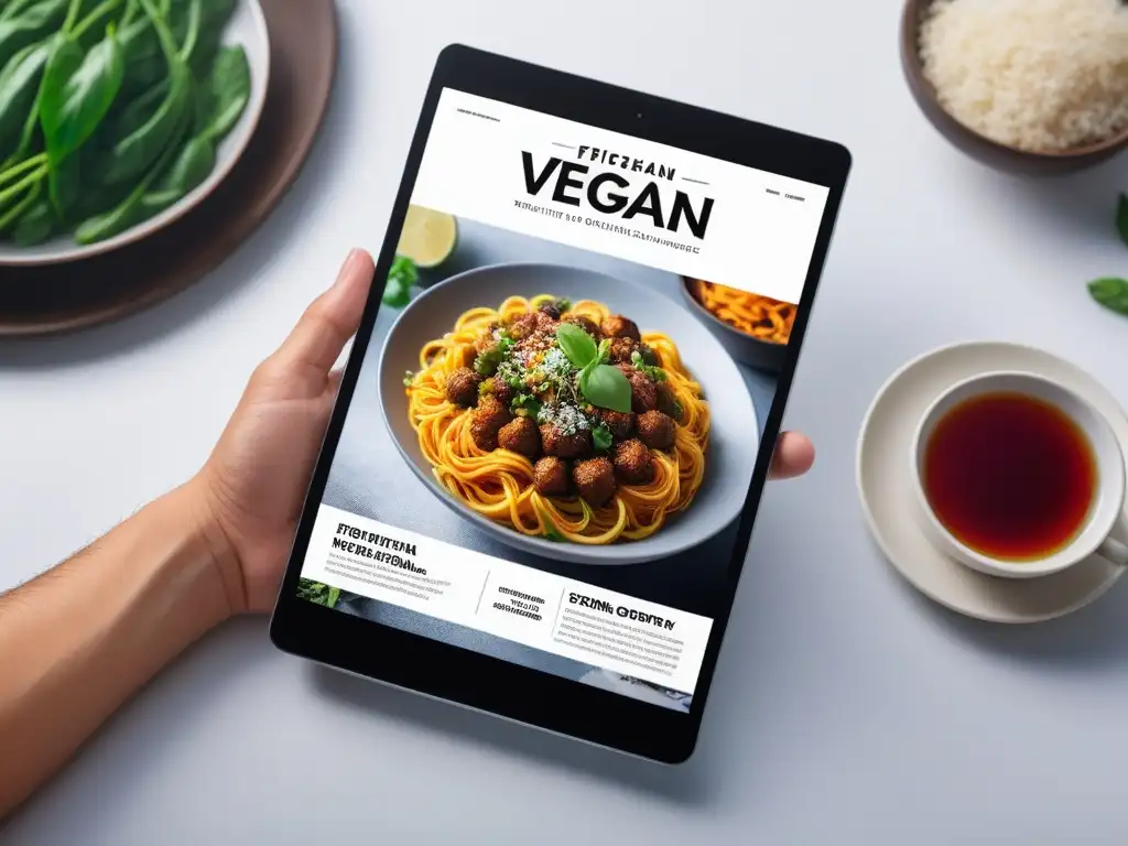 Revista digital de gastronomía vegana en tablet futurista con diseño innovador