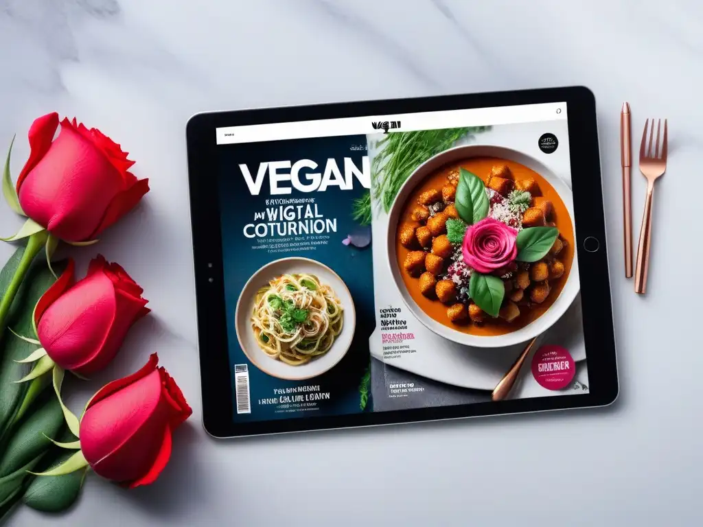 Revistas digitales veganas gastronomía mundial en una tableta digital elegante y sofisticada