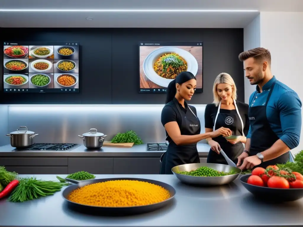 Una revolución en publicaciones digitales de cocina vegana: diversidad de personas cocinando platos veganos en una clase virtual