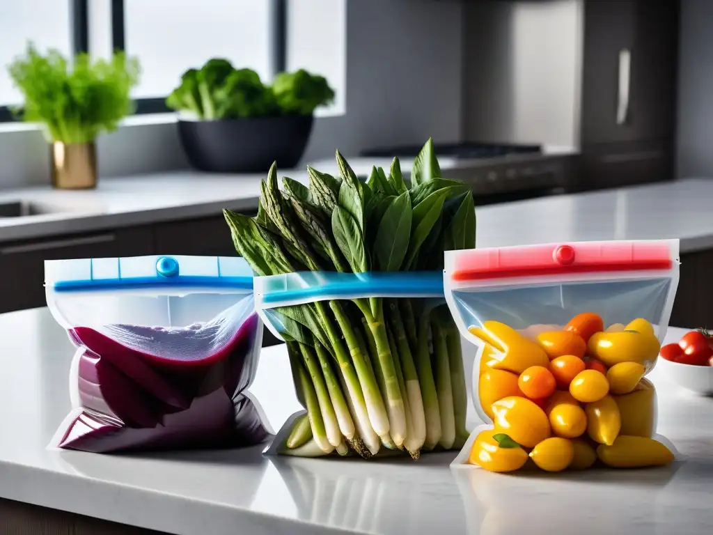 Revolutionary vegan low-temperature cooking: varied colorful vegetables vacuum-sealed in sous vide bags