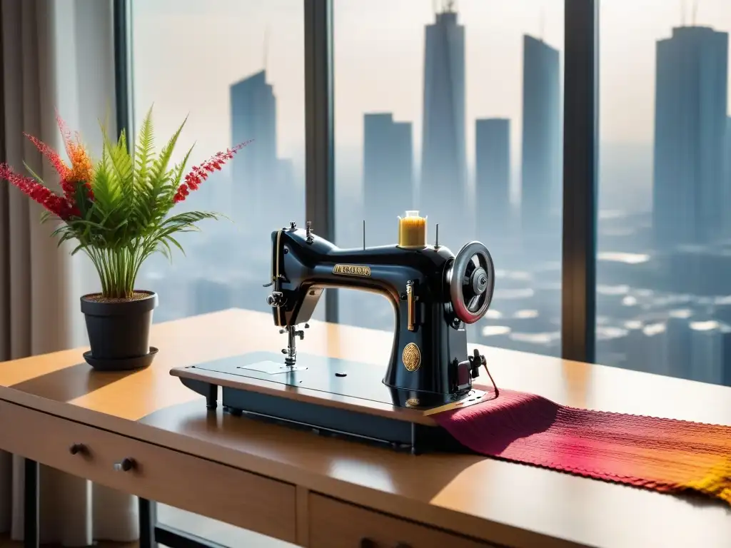 Un rincón de costura moderno con máquina de coser, hilos de colores, telas recicladas y una planta, iluminado por luz natural con vista a la ciudad