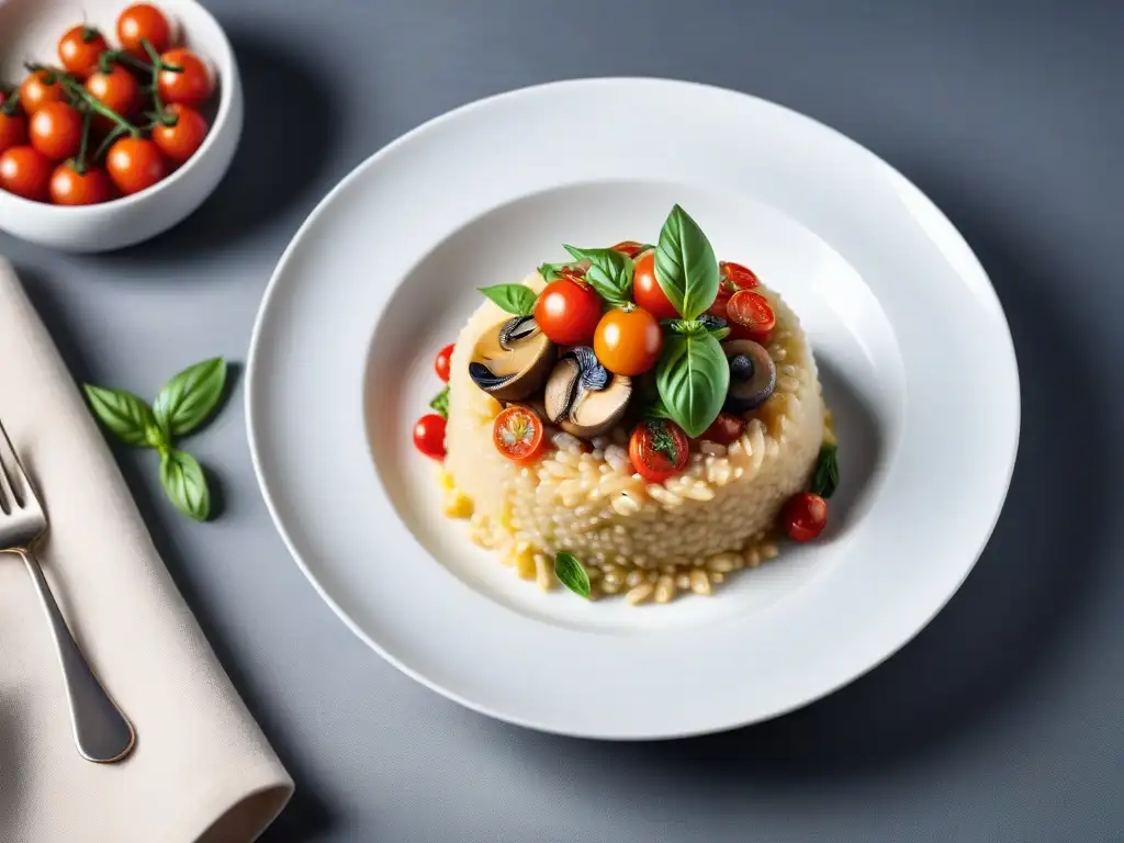 Risotto vegano con sabores italianos, colores vibrantes y ingredientes variados en un elegante plato blanco