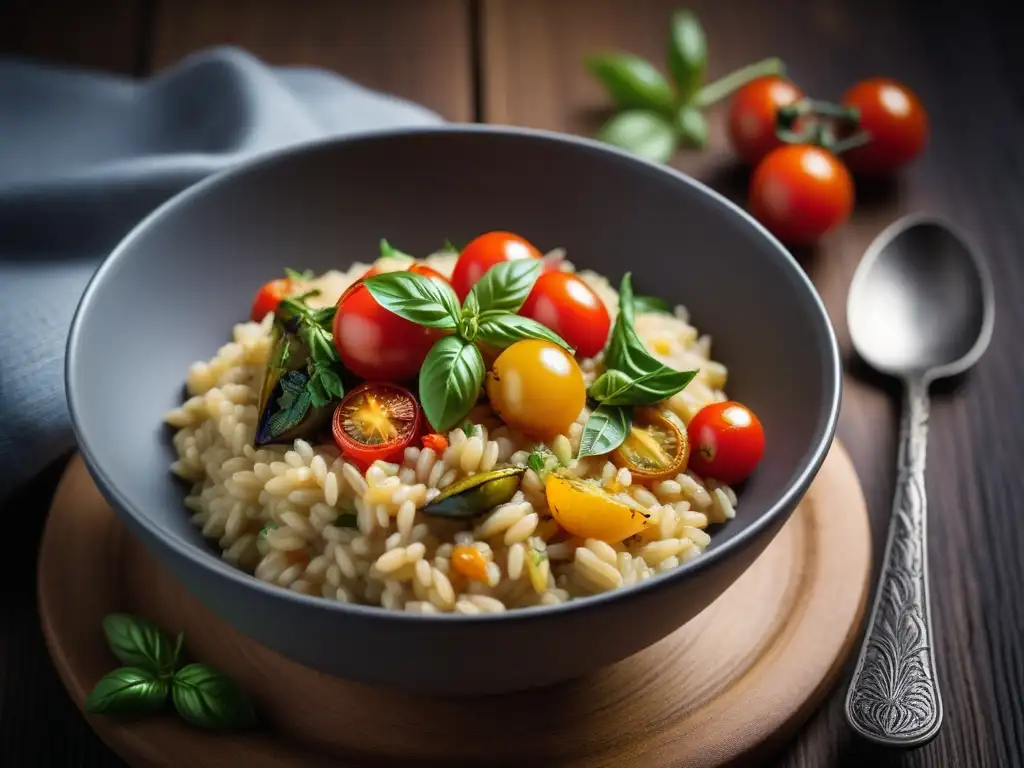 Un risotto vegano con sabores italianos, colorido y vibrante, en un plato moderno sobre mesa rústica de madera